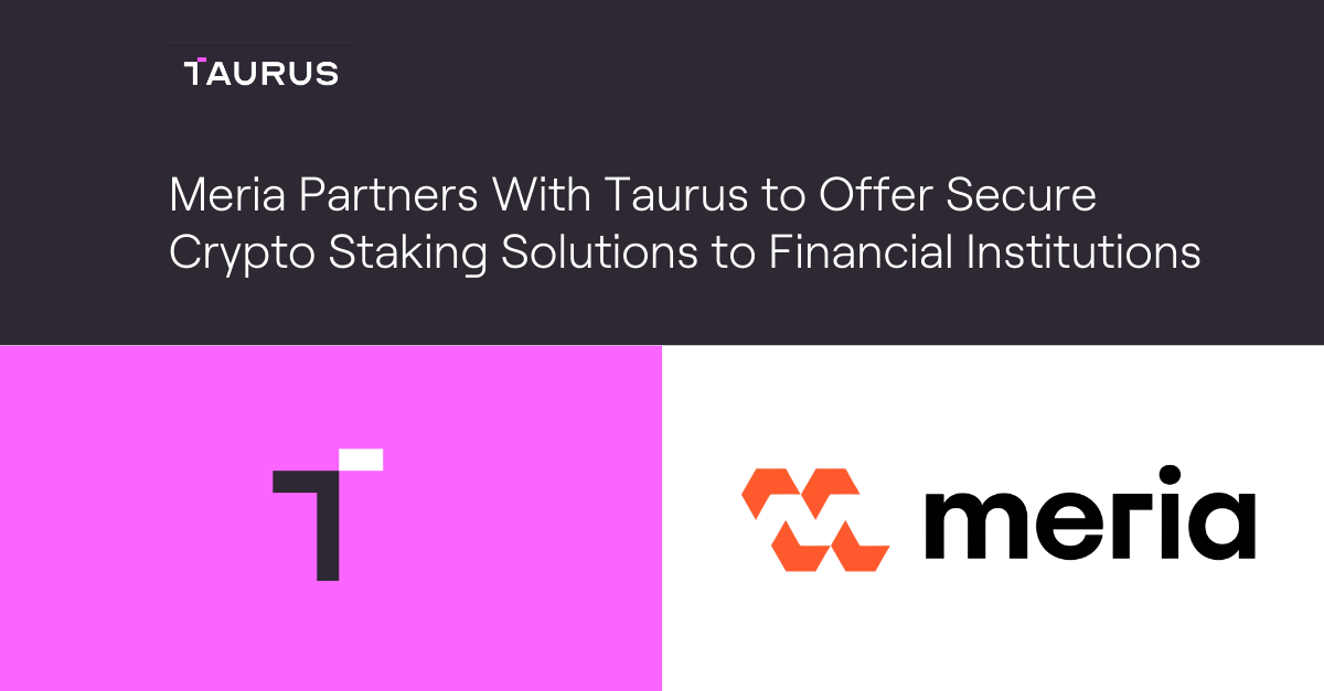 taurus logo on pink background next to meria logo on white background