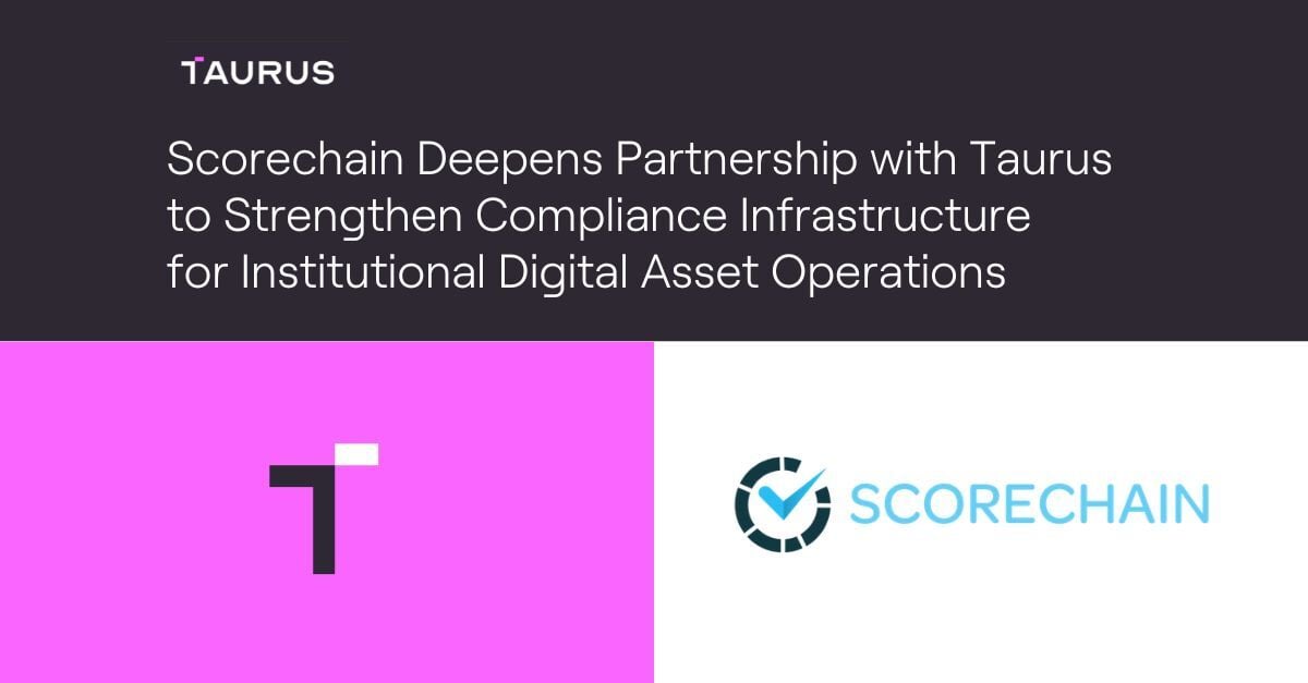 taurus logo on pink background next to scorechain logo on white background