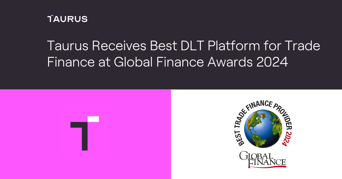 Taurus logo on pink background next to Global Finance Awards logo on white background