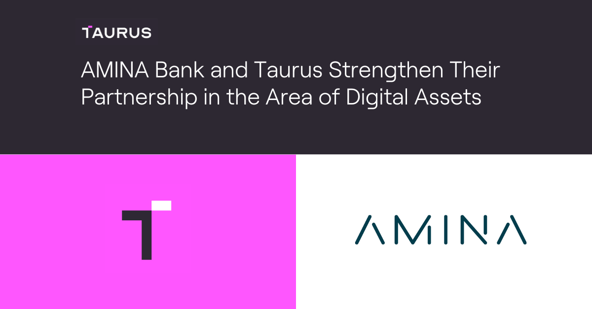 dark taurus logo on pink background, amina bank logo on white background
