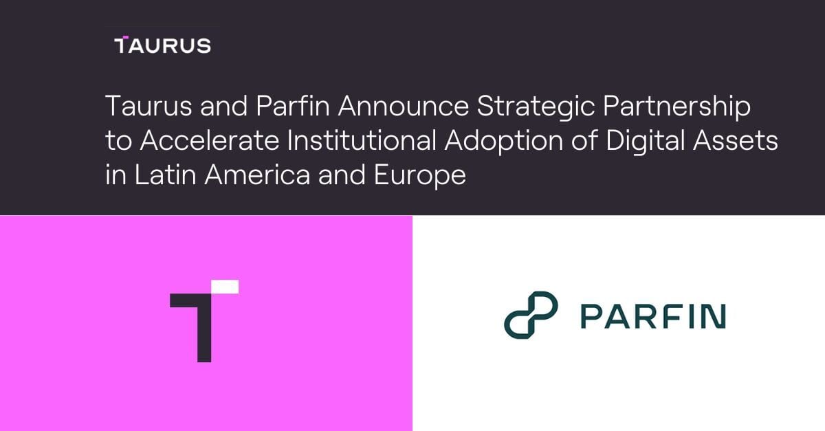 taurus logo on pink background next to parfin logo on white background