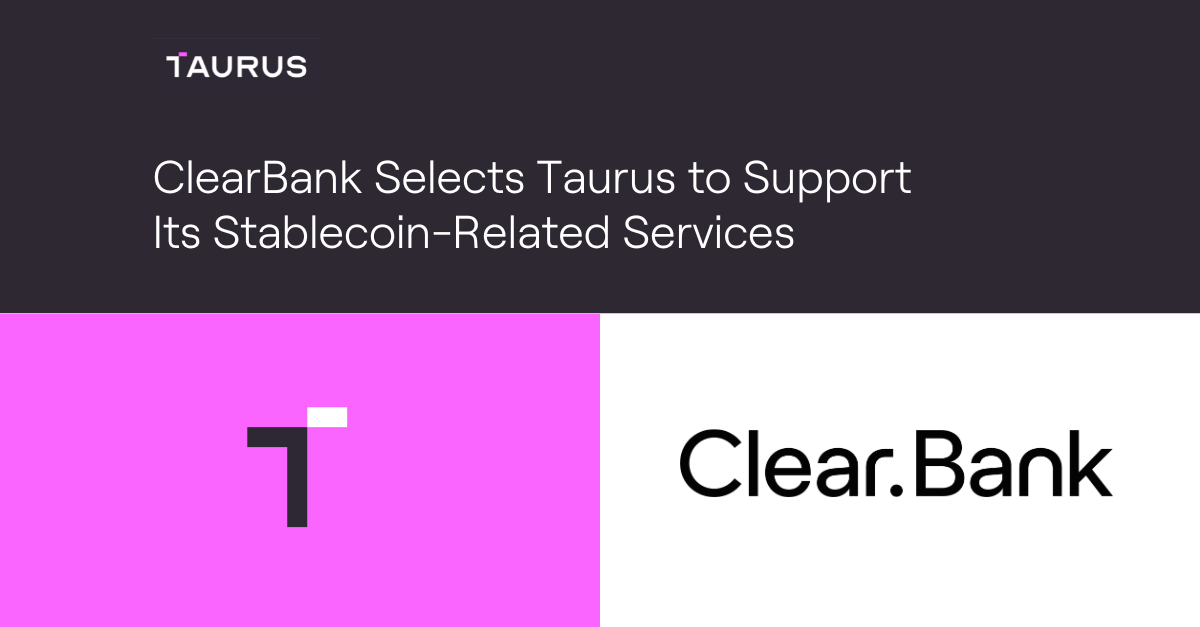 taurus logo on pink background next to clearbank logo on white background