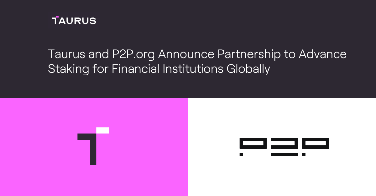 taurus logo on pink background next to p2p logo on white background