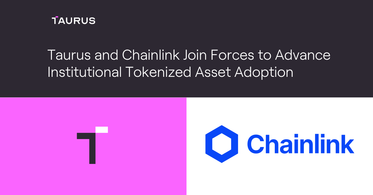 taurus logo on pink background next to chainlink logo on white background